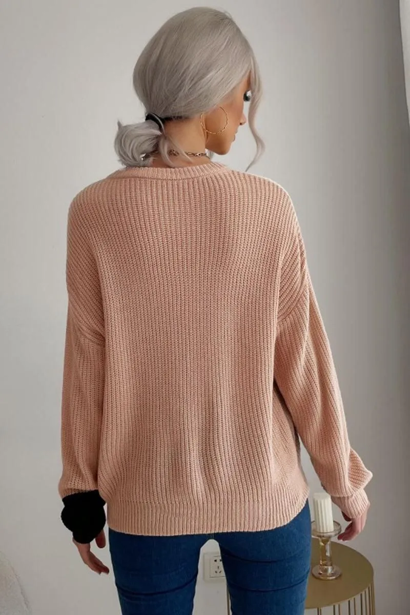 KNITTED COLOR BLOCK SIMPLE CASUAL SWEATER