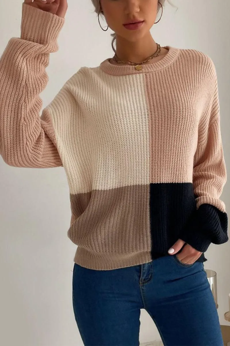 KNITTED COLOR BLOCK SIMPLE CASUAL SWEATER