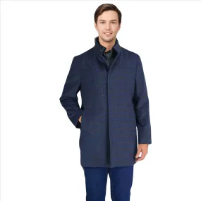 Label E Mens Navy Blue Check 3/4 Length Wool Blend Overcoat