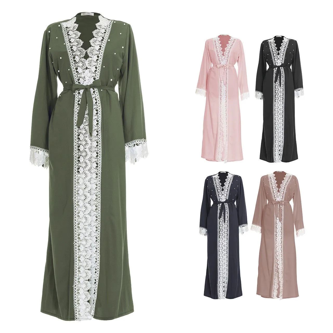 Lace Trim Open Full Length Maxi Overcoat Dress