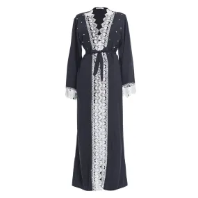 Lace Trim Open Full Length Maxi Overcoat Dress
