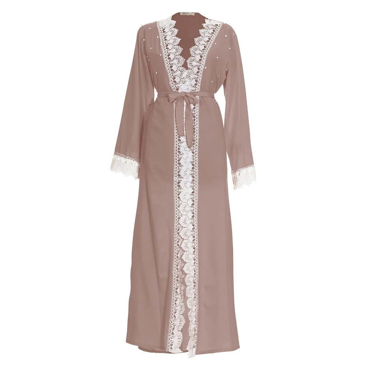 Lace Trim Open Full Length Maxi Overcoat Dress