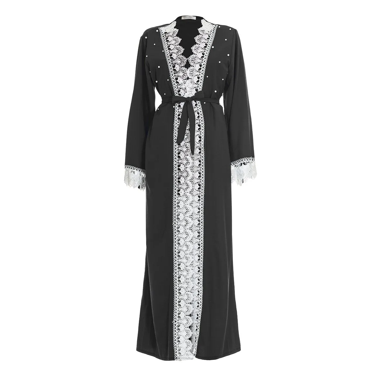 Lace Trim Open Full Length Maxi Overcoat Dress