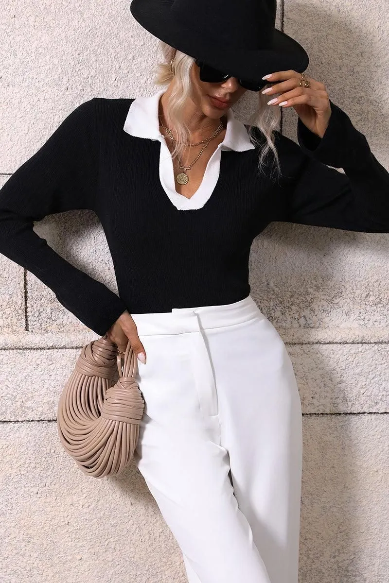 LAPEL V NECK BELL SLEEVED CASUAL TOP