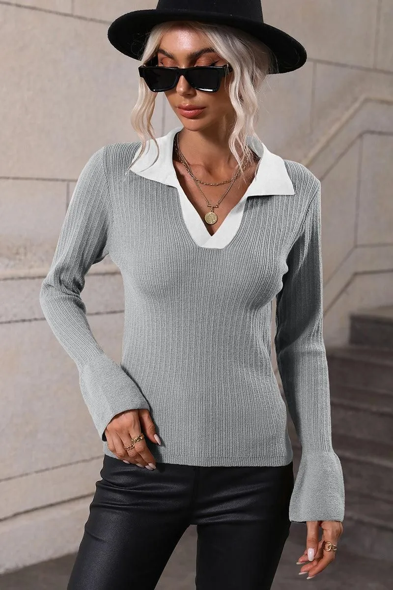 LAPEL V NECK BELL SLEEVED CASUAL TOP