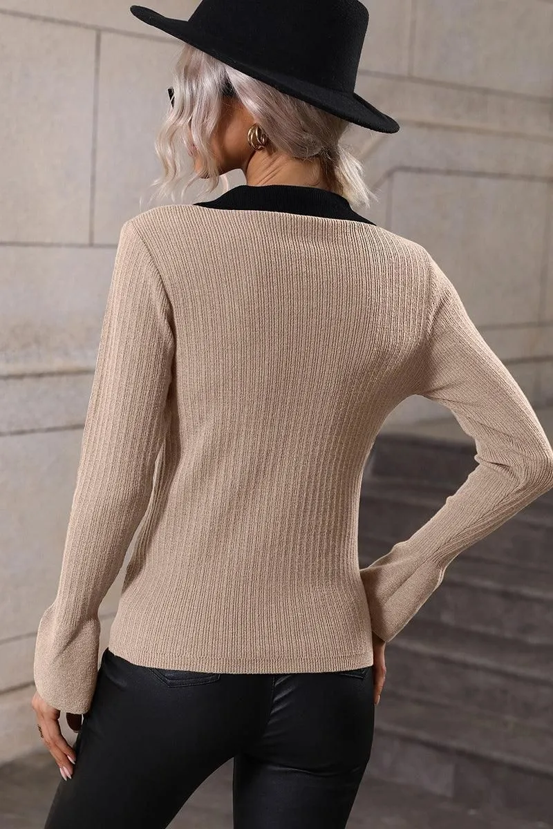 LAPEL V NECK BELL SLEEVED CASUAL TOP