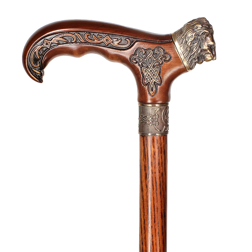 Lion Head Bronze & Wood Artisan Intricate Handcarved Cane