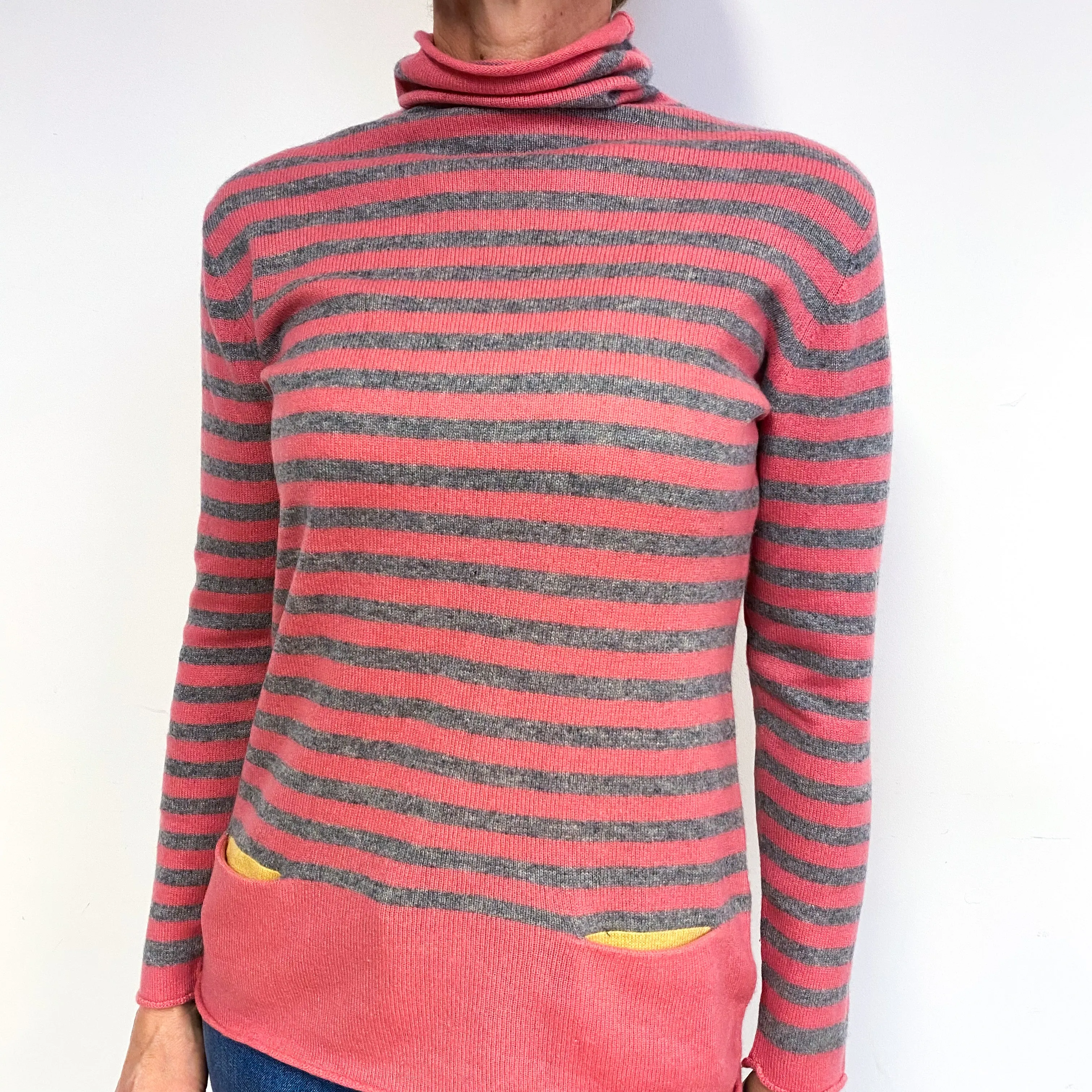 Lupin Pink Grey Stripe Cashmere Turtle Neck Jumper Medium