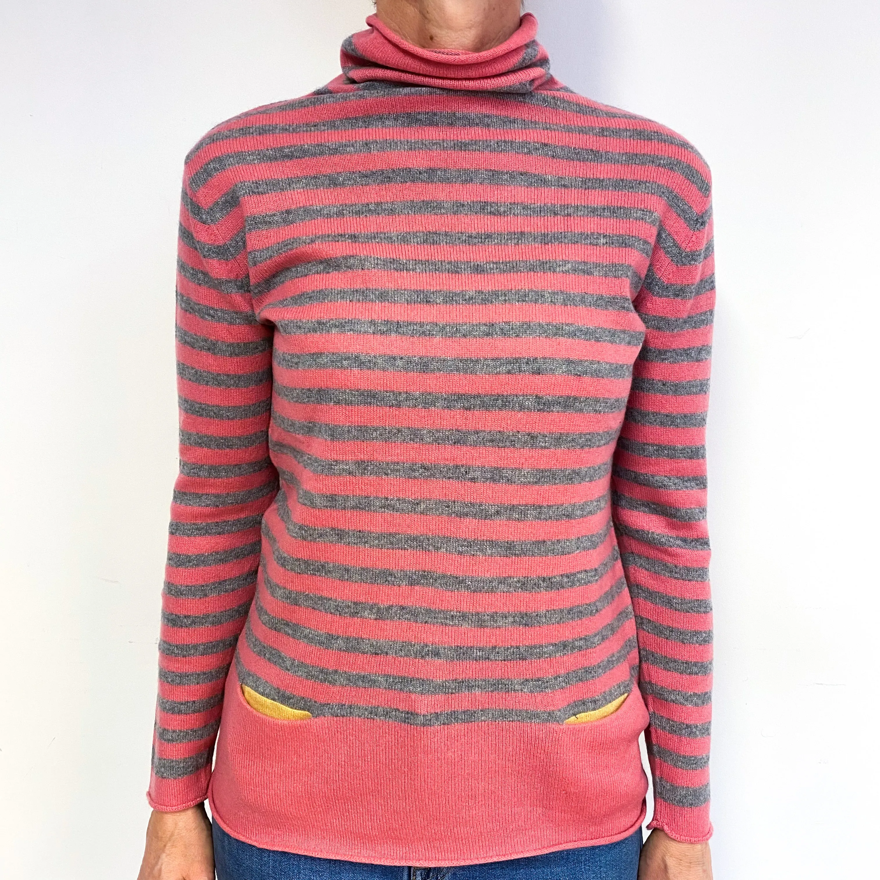 Lupin Pink Grey Stripe Cashmere Turtle Neck Jumper Medium