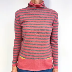 Lupin Pink Grey Stripe Cashmere Turtle Neck Jumper Medium