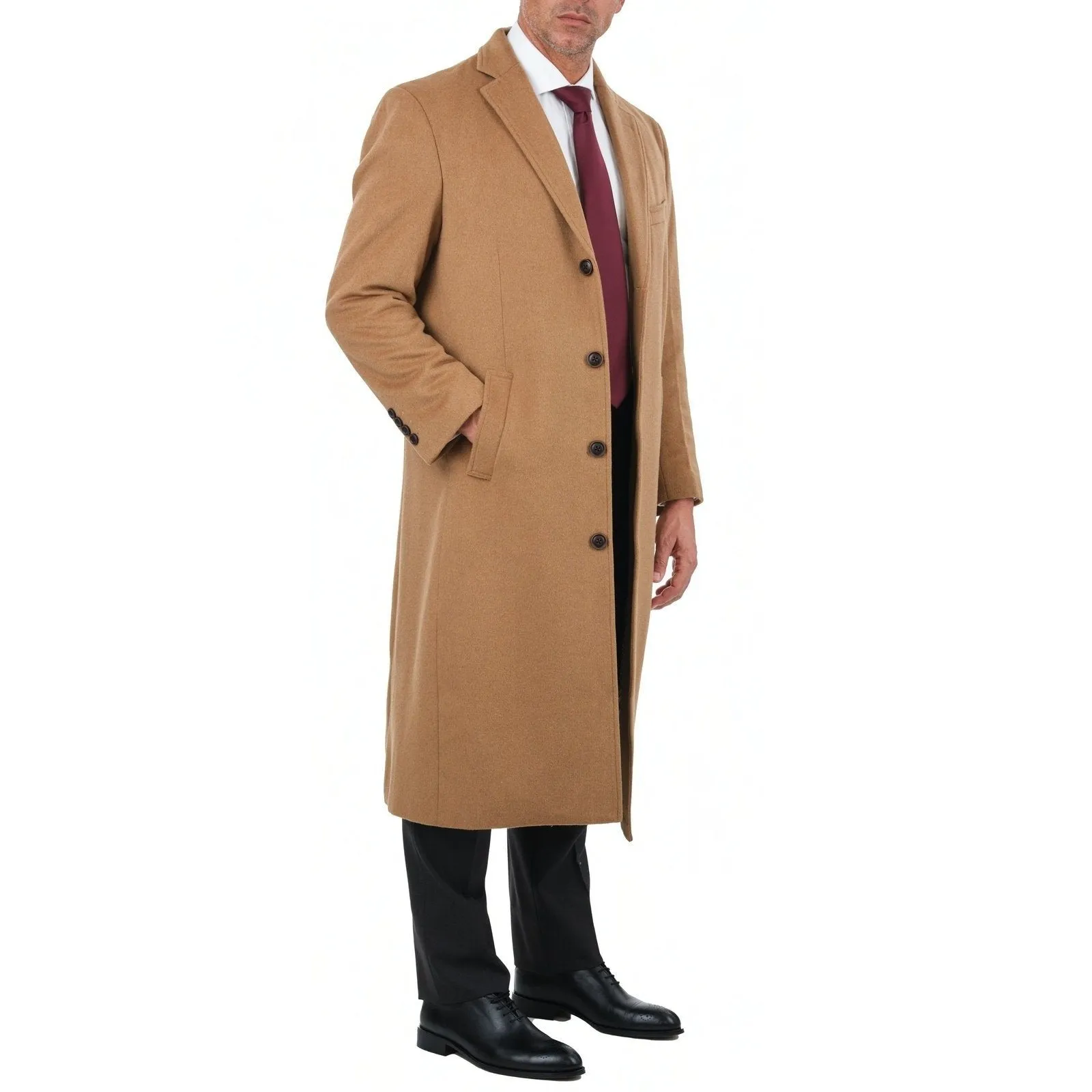 Mens Regular Fit Solid Camel Tan Full Length Wool Cashmere Overcoat Top Coat