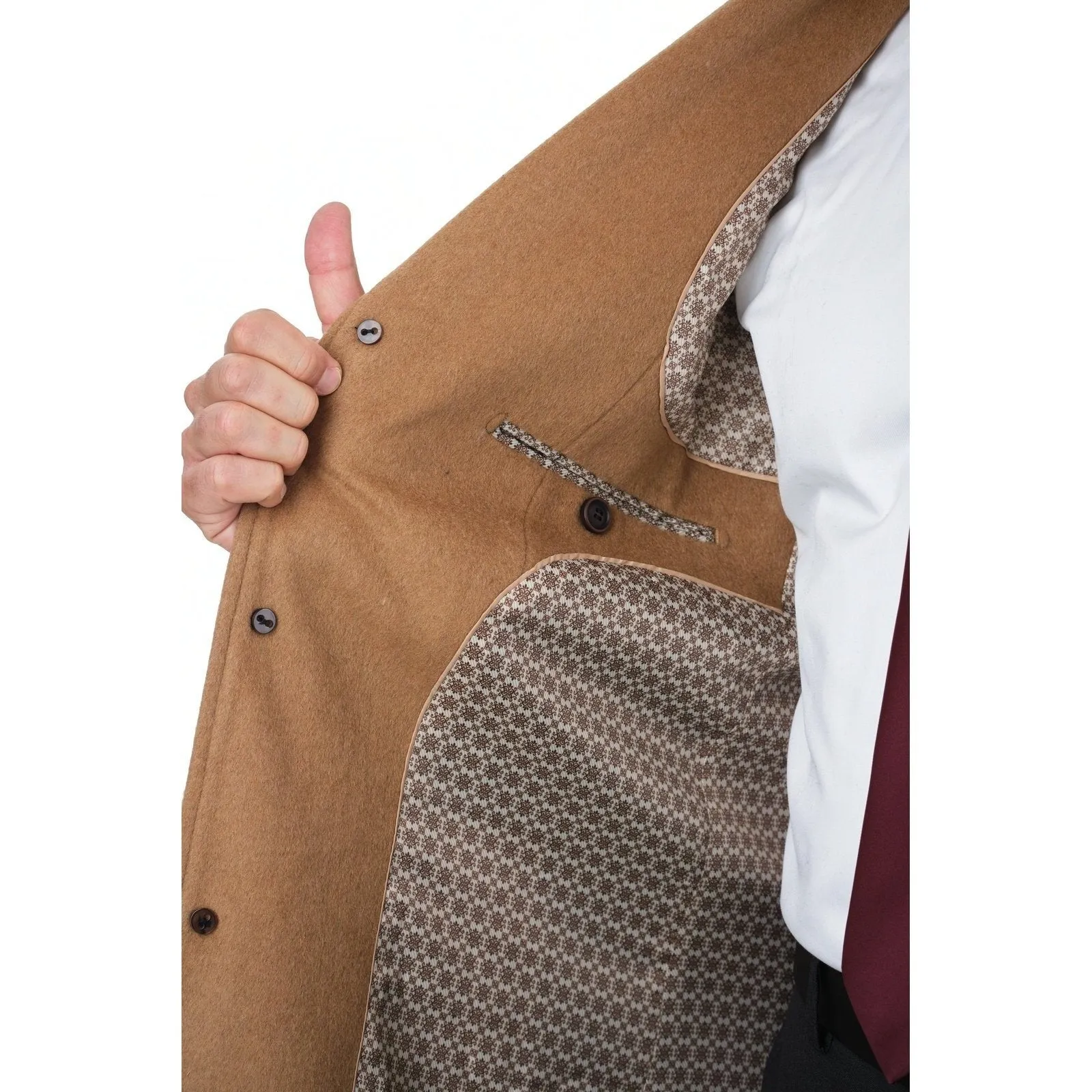 Mens Regular Fit Solid Camel Tan Full Length Wool Cashmere Overcoat Top Coat