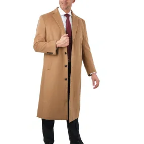 Mens Regular Fit Solid Camel Tan Full Length Wool Cashmere Overcoat Top Coat