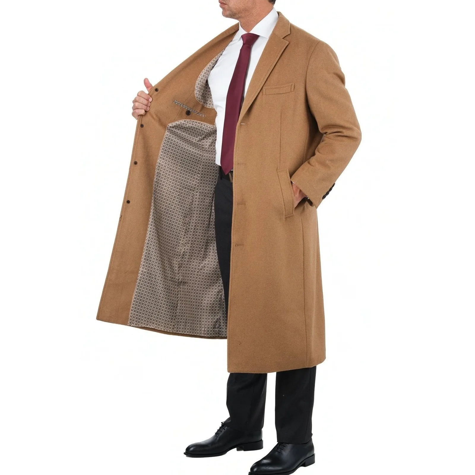 Mens Regular Fit Solid Camel Tan Full Length Wool Cashmere Overcoat Top Coat