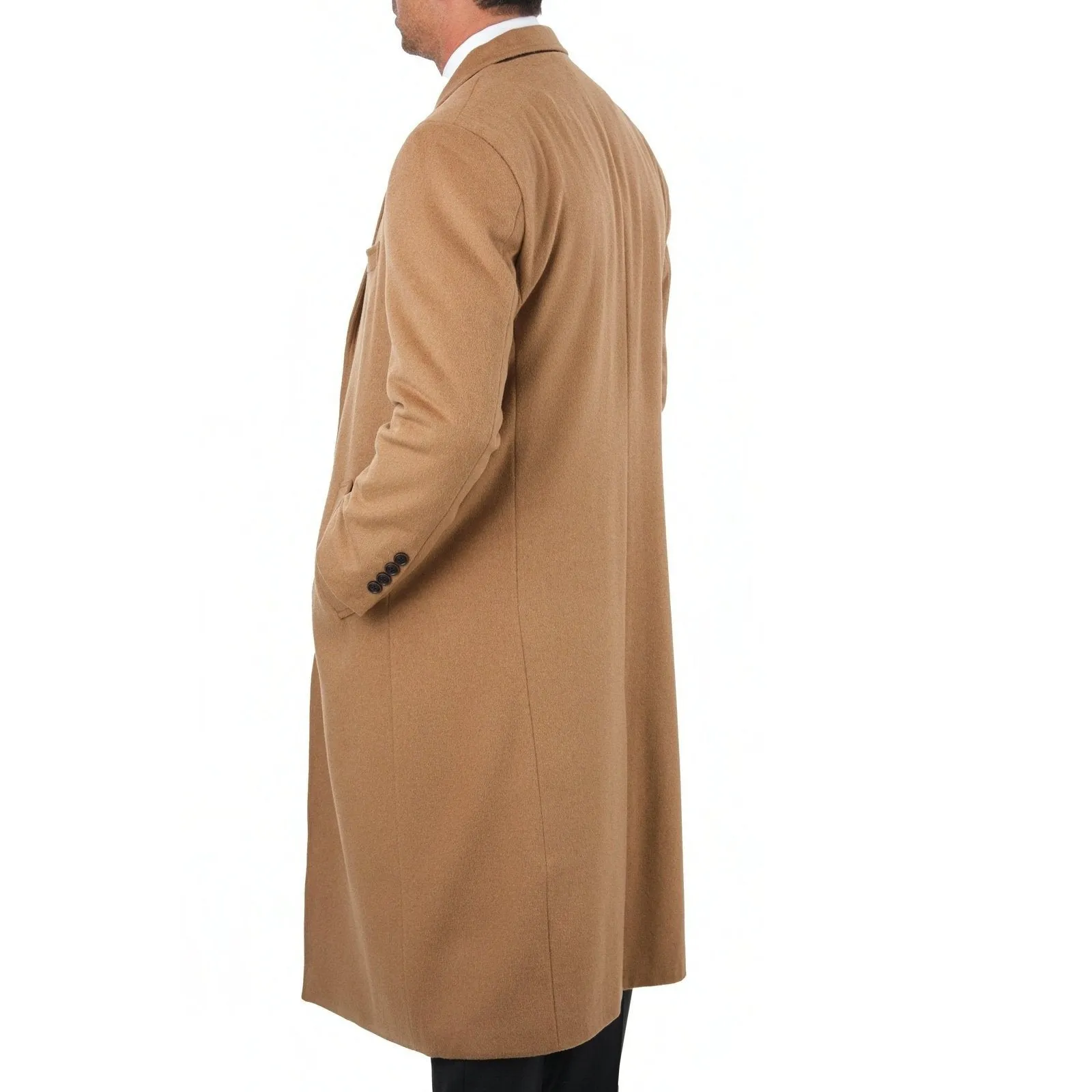 Mens Regular Fit Solid Camel Tan Full Length Wool Cashmere Overcoat Top Coat