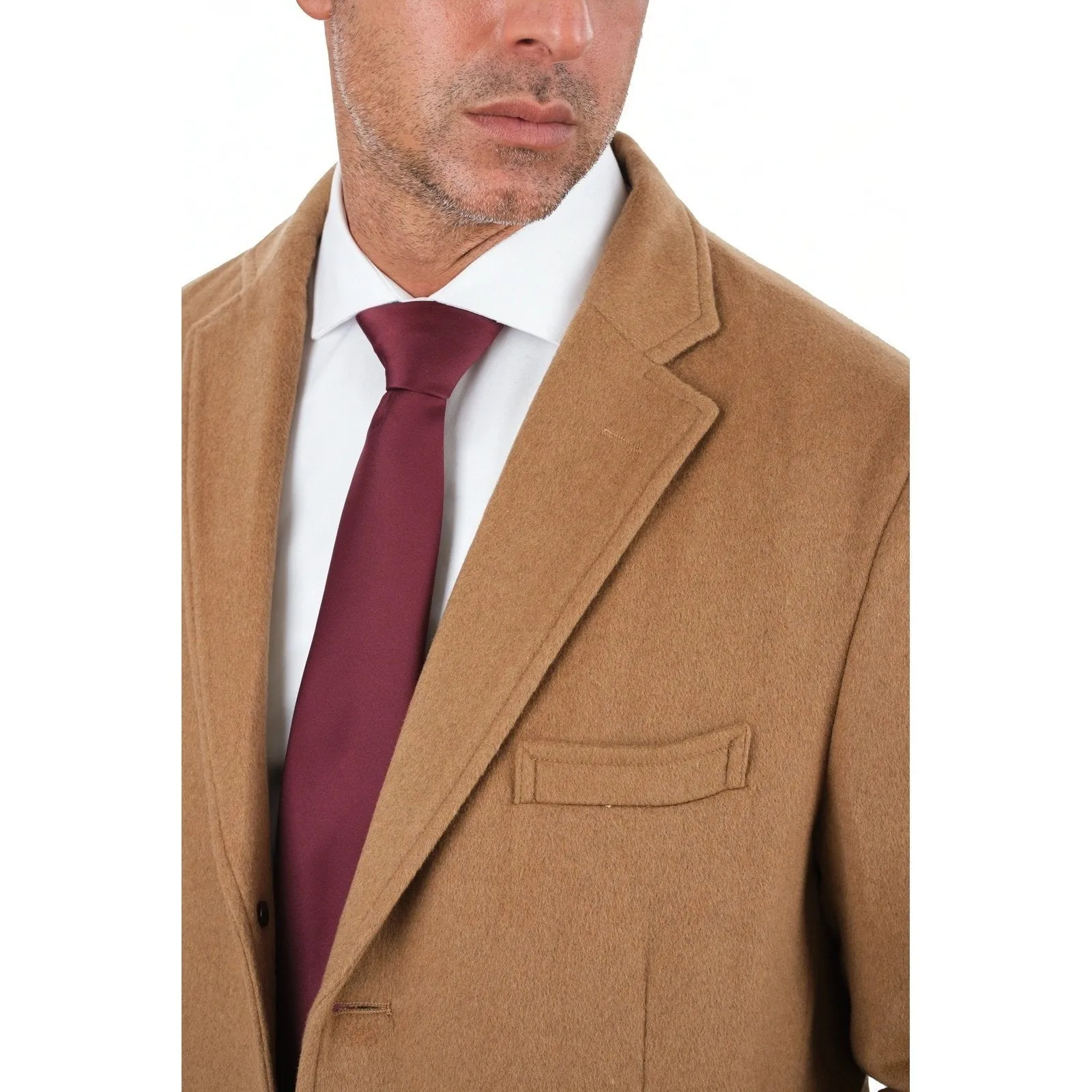 Mens Regular Fit Solid Camel Tan Full Length Wool Cashmere Overcoat Top Coat