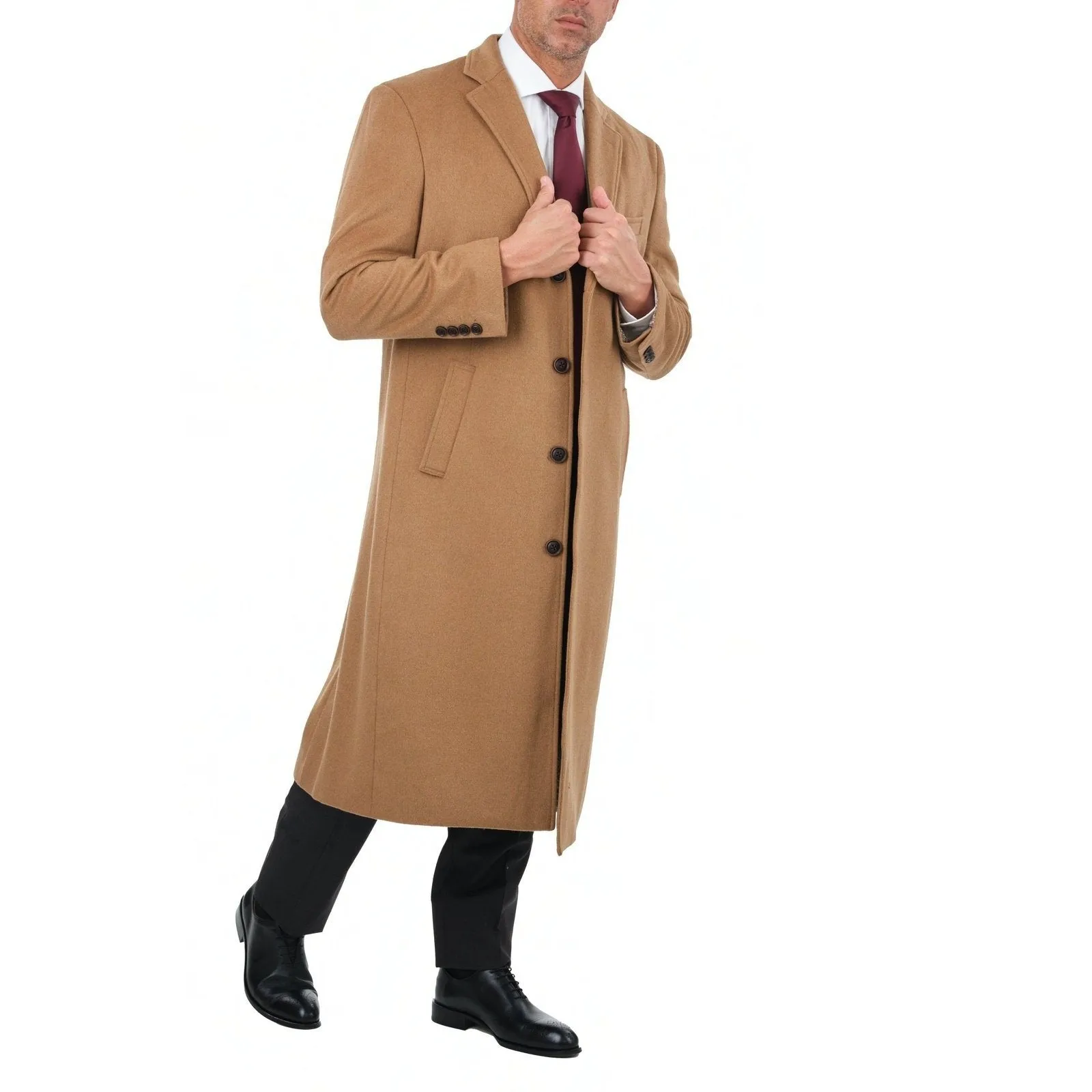 Mens Regular Fit Solid Camel Tan Full Length Wool Cashmere Overcoat Top Coat