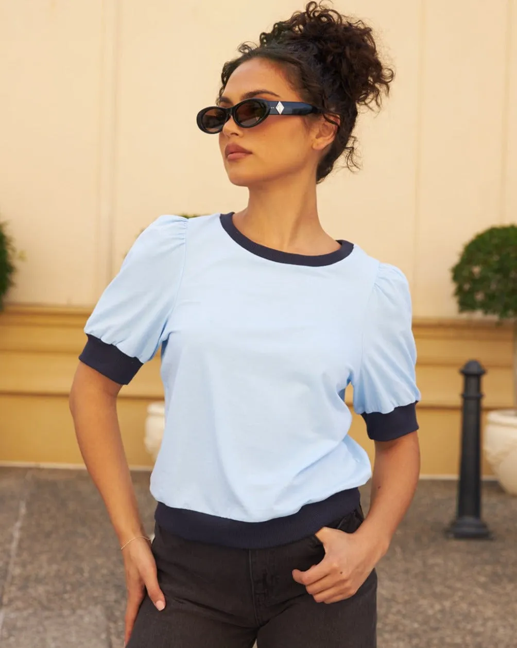 MEROKEETY Puff Short Sleeve Color Block Crop Top