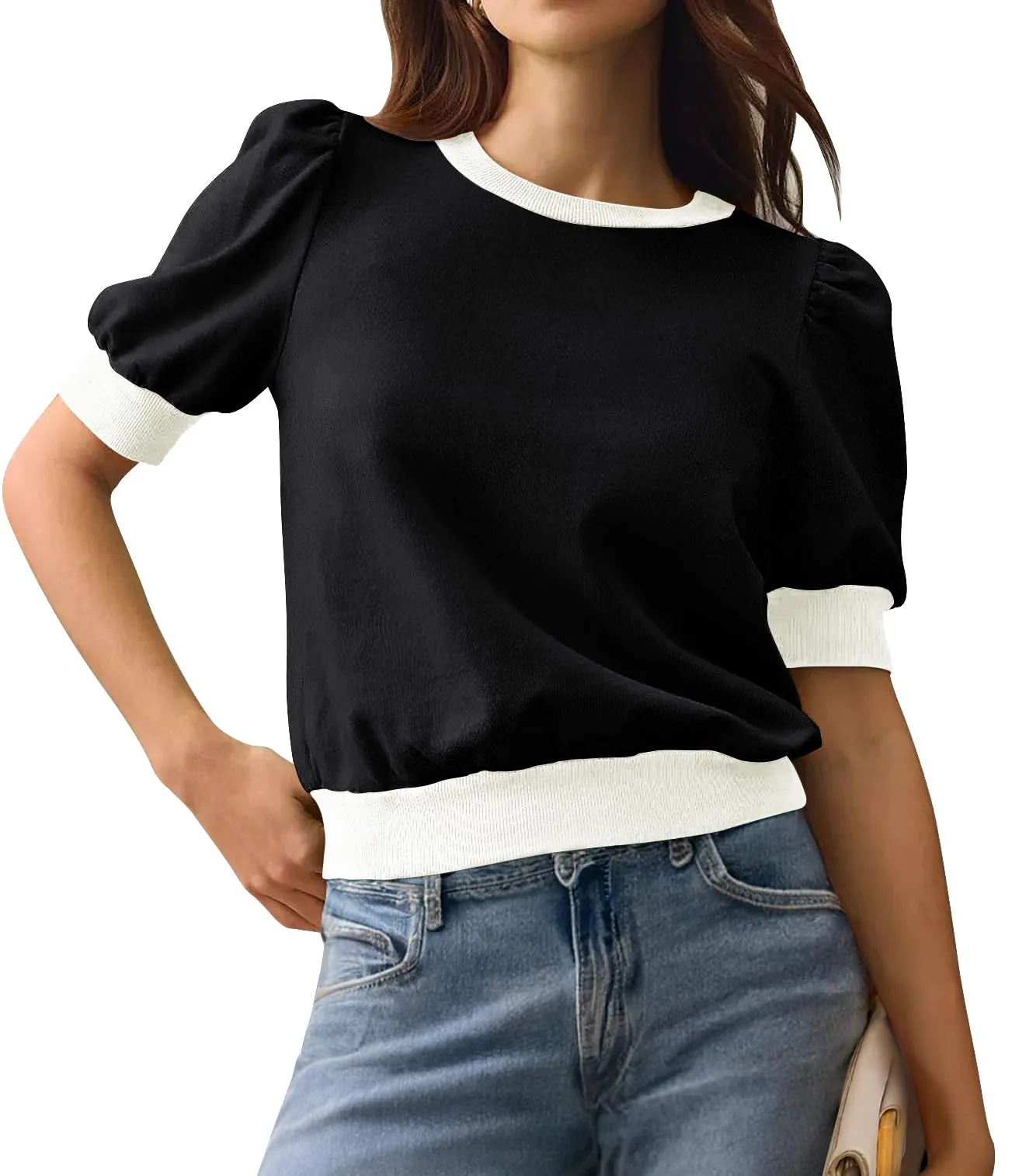 MEROKEETY Puff Short Sleeve Color Block Crop Top