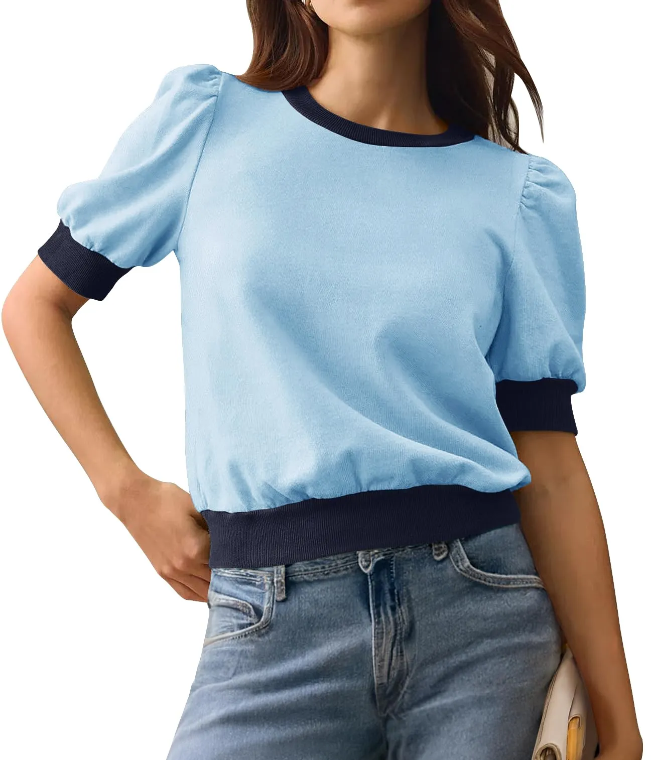 MEROKEETY Puff Short Sleeve Color Block Crop Top