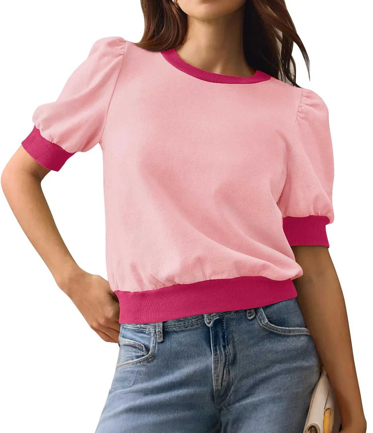 MEROKEETY Puff Short Sleeve Color Block Crop Top