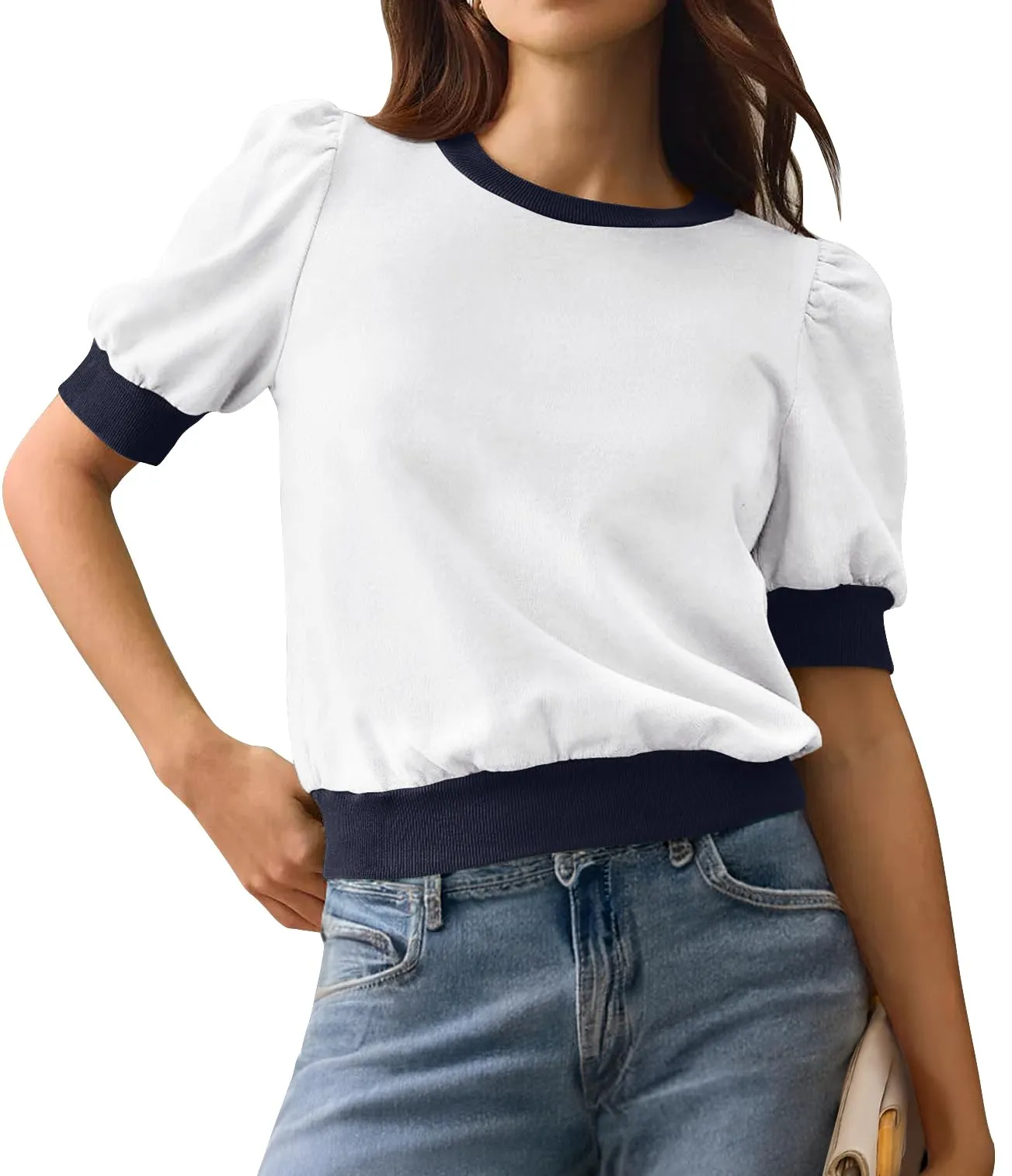 MEROKEETY Puff Short Sleeve Color Block Crop Top