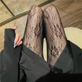 Mesh Women's Tights Fashion Stretch Fishnet Tights Floral Pattern (OneSize) - Black