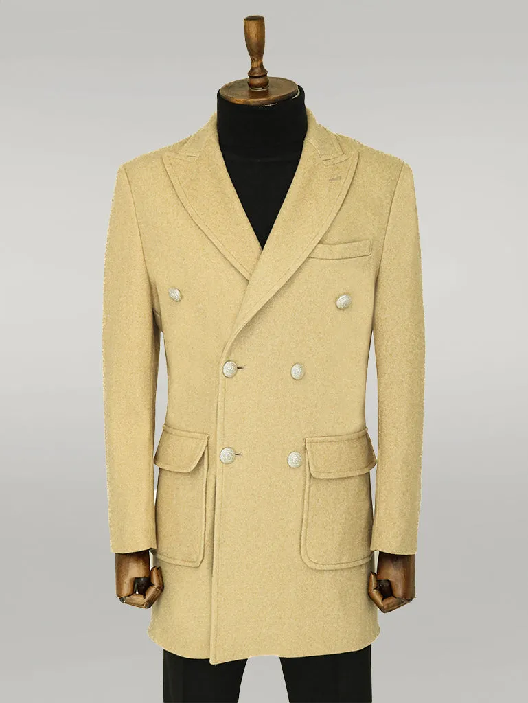 Metal Buttons Wool Cashmere Beige Men Double Breasted Coat - Wessi