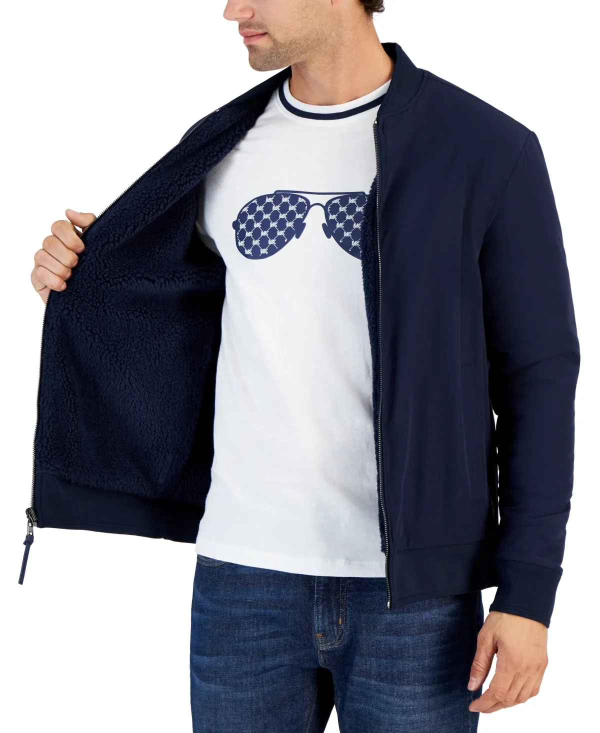 Michael Kors Mens Fleece Reversible Zip Front Jacket Coat  Midnight Blue XL