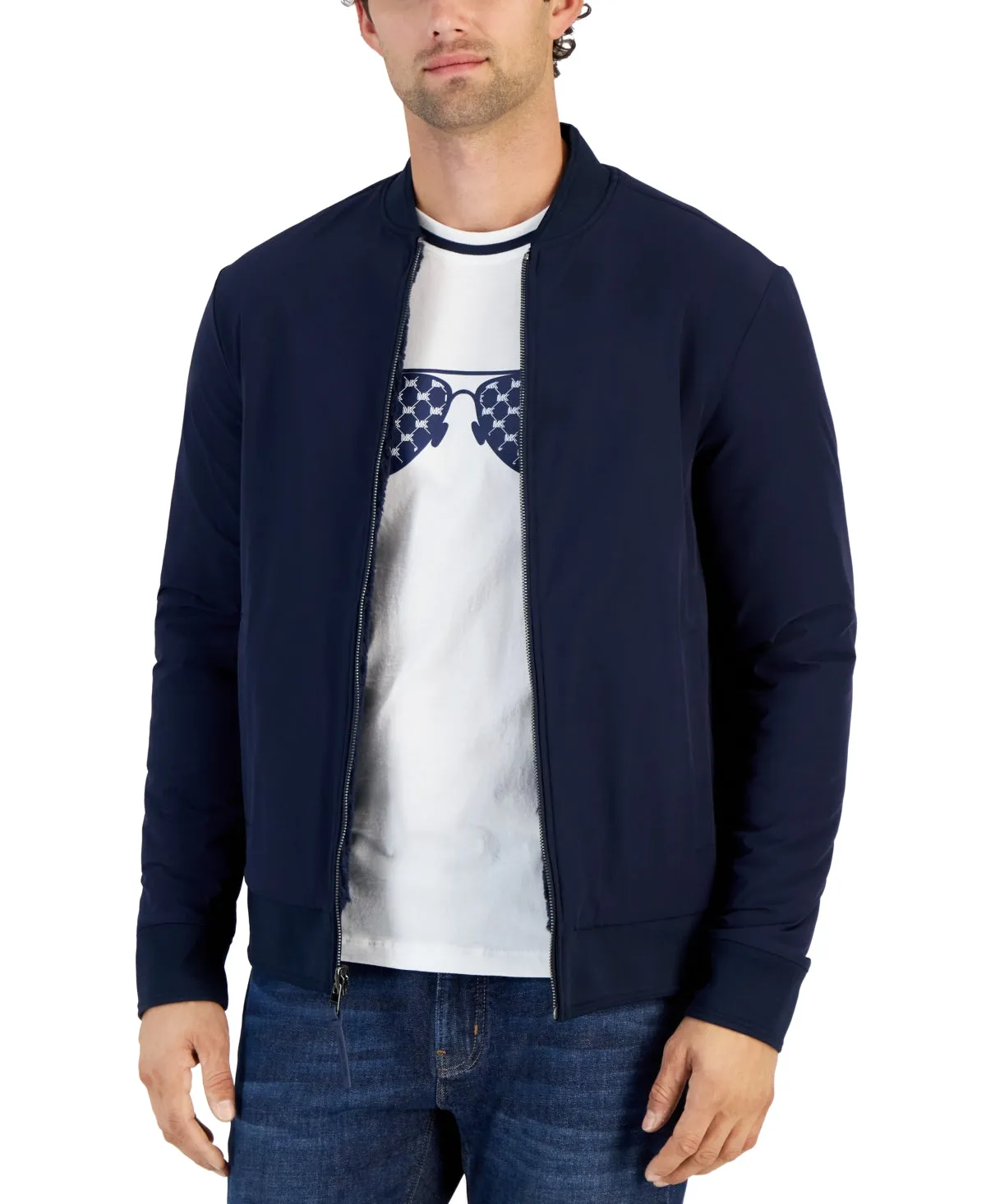 Michael Kors Mens Fleece Reversible Zip Front Jacket Coat  Midnight Blue XL