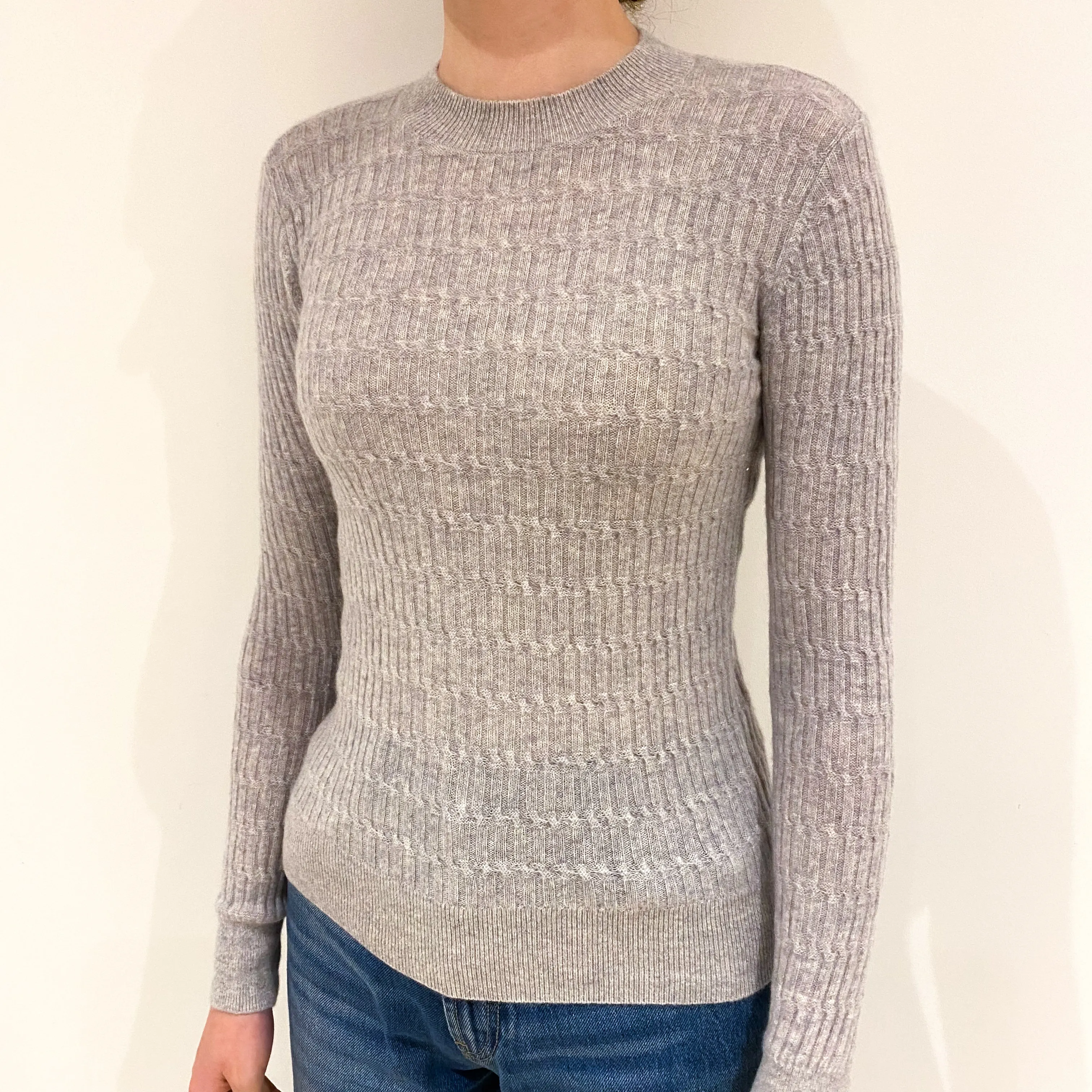 Mist Grey Cable Cashmere Turtle Neck Jumper Extra Extra Small