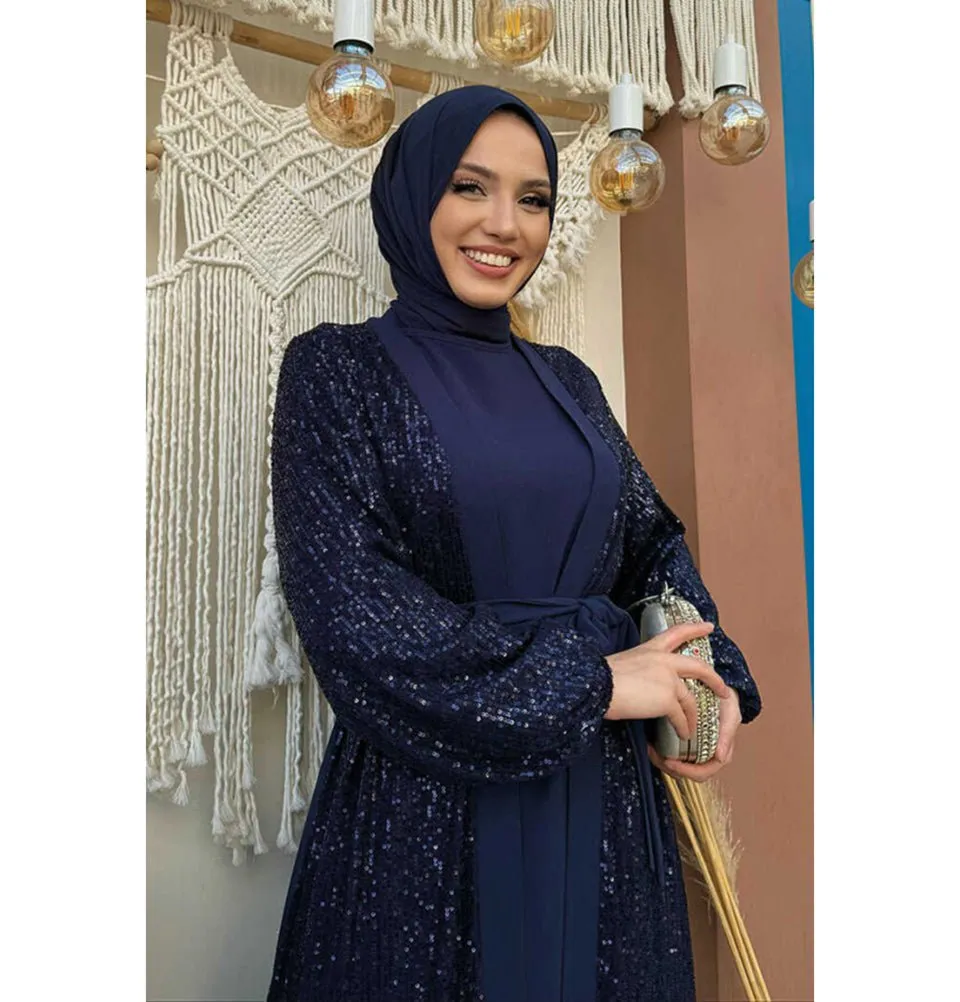 Modern Muslim Woman's Sequins Two Piece Abaya - 8483 Navy Blue