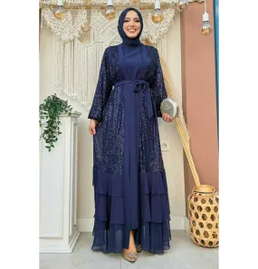 Modern Muslim Woman's Sequins Two Piece Abaya - 8483 Navy Blue
