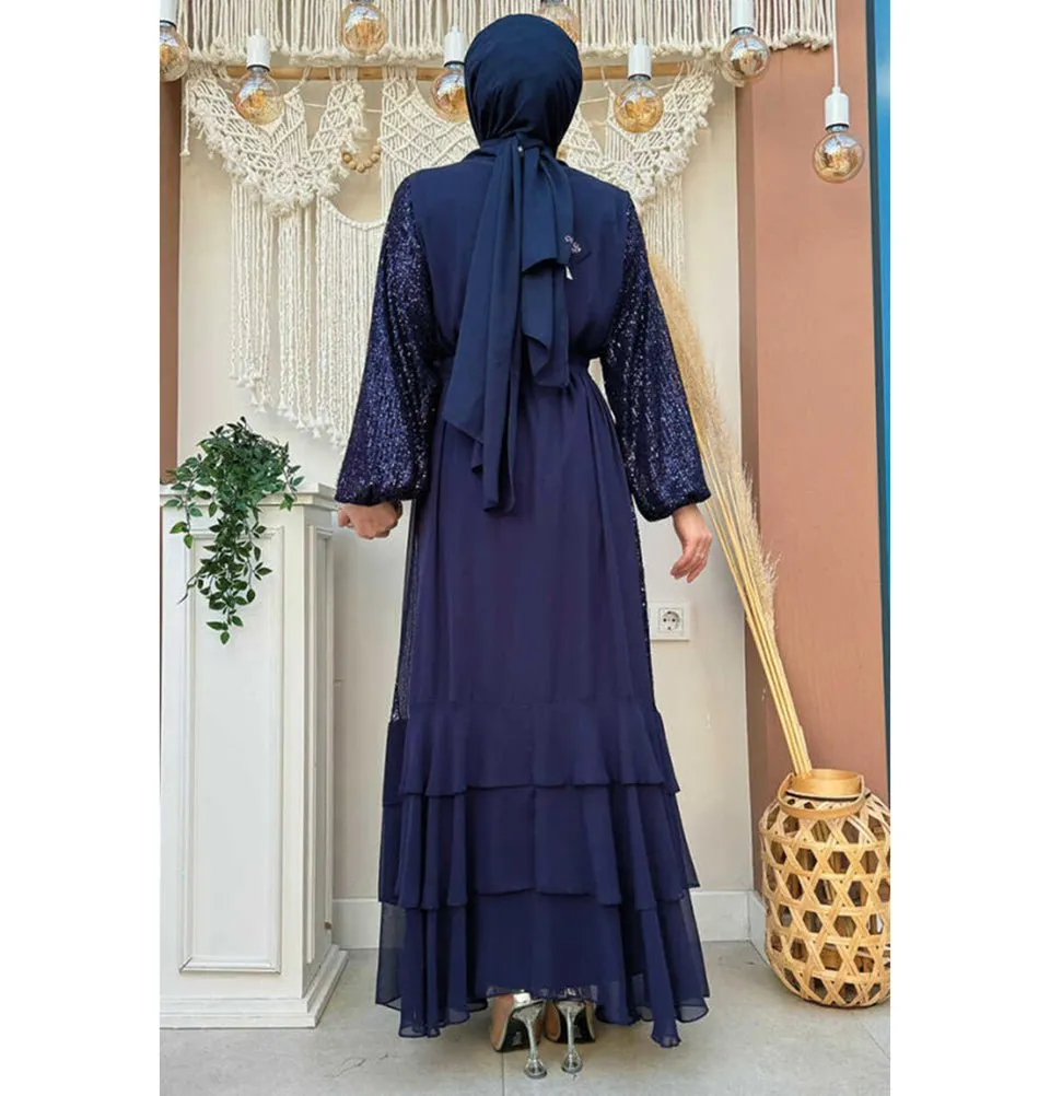 Modern Muslim Woman's Sequins Two Piece Abaya - 8483 Navy Blue