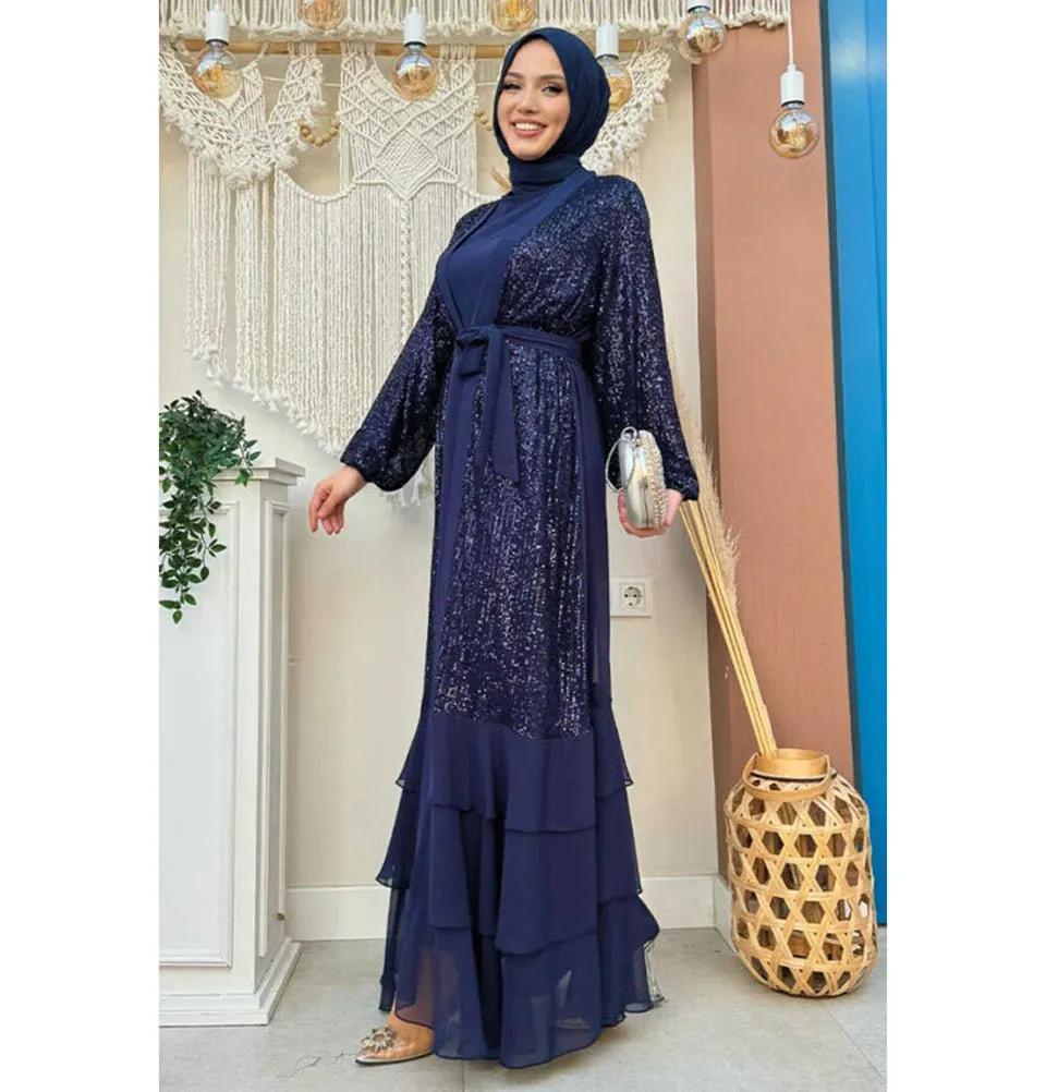 Modern Muslim Woman's Sequins Two Piece Abaya - 8483 Navy Blue