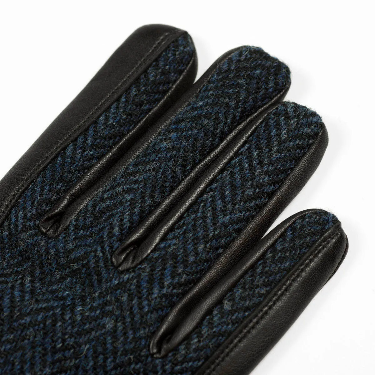 Navy blue cashmere-lined gloves with Harris Tweed back
