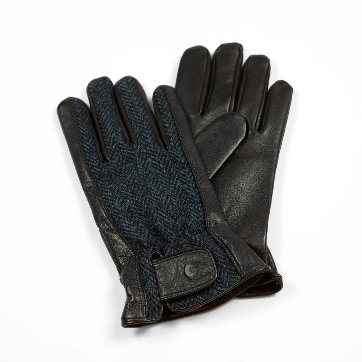Navy blue cashmere-lined gloves with Harris Tweed back