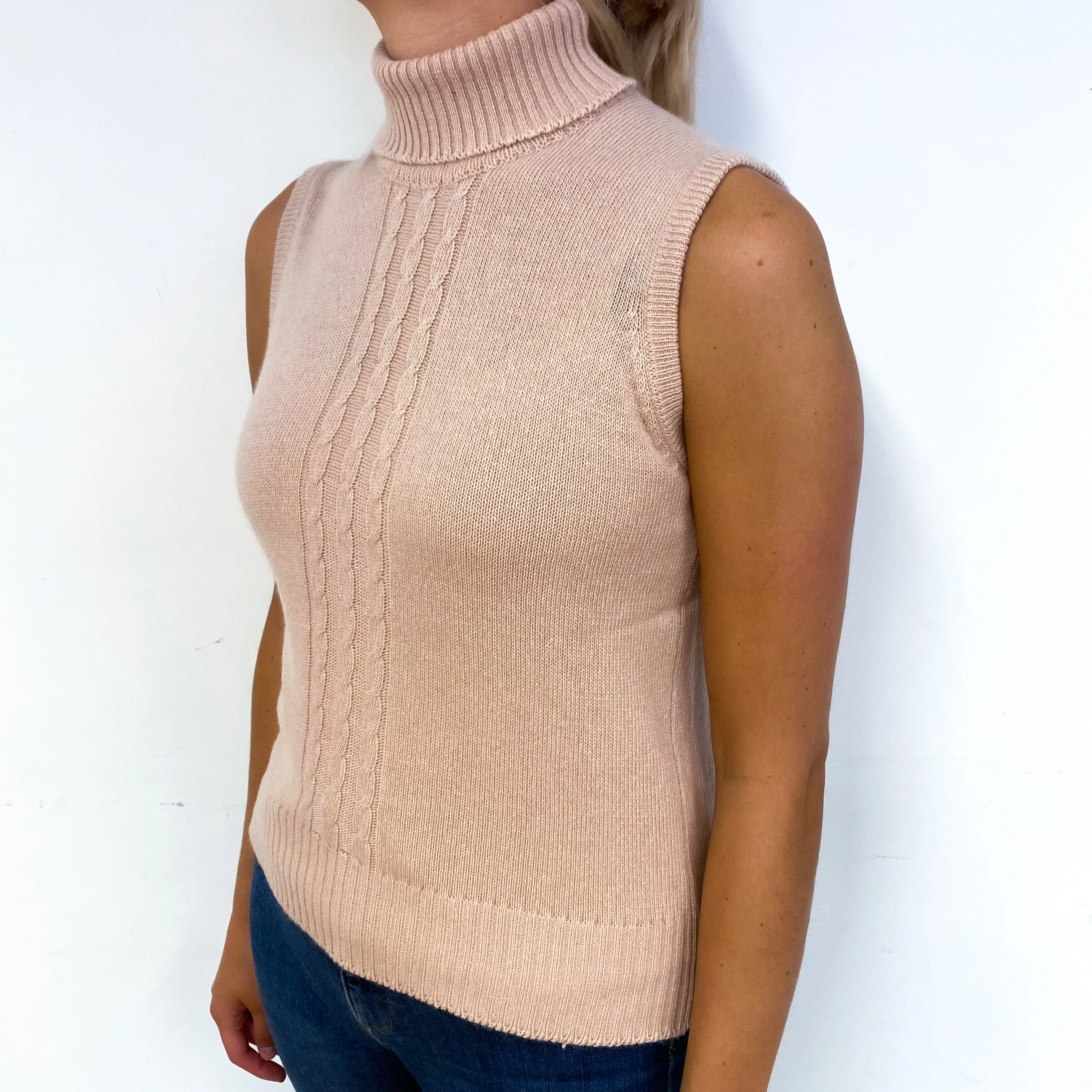 Nude Pink Cashmere Sleeveless Polo Neck Jumper Small