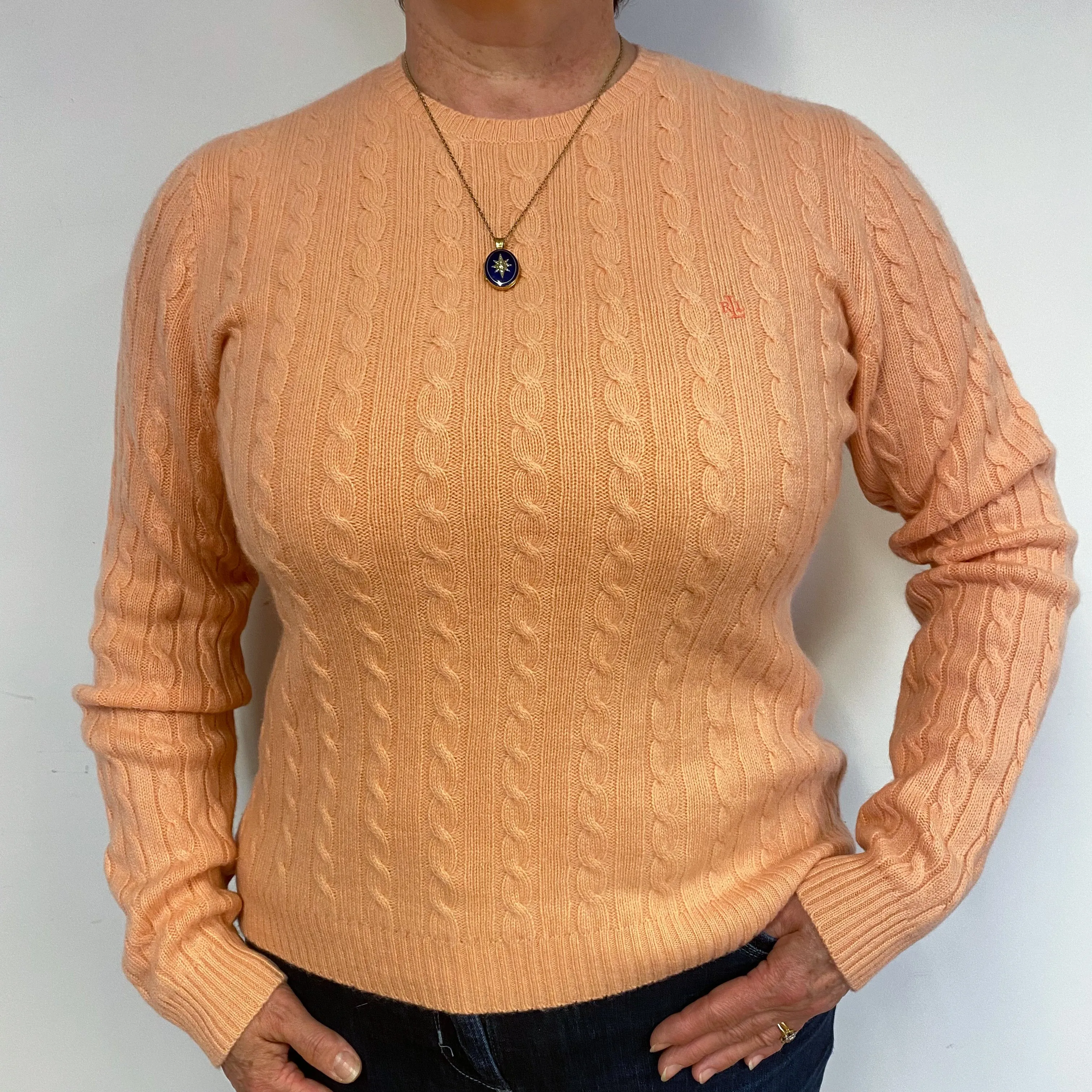 Ralph Lauren Peach Cashmere Cable Crew Neck Jumper Large