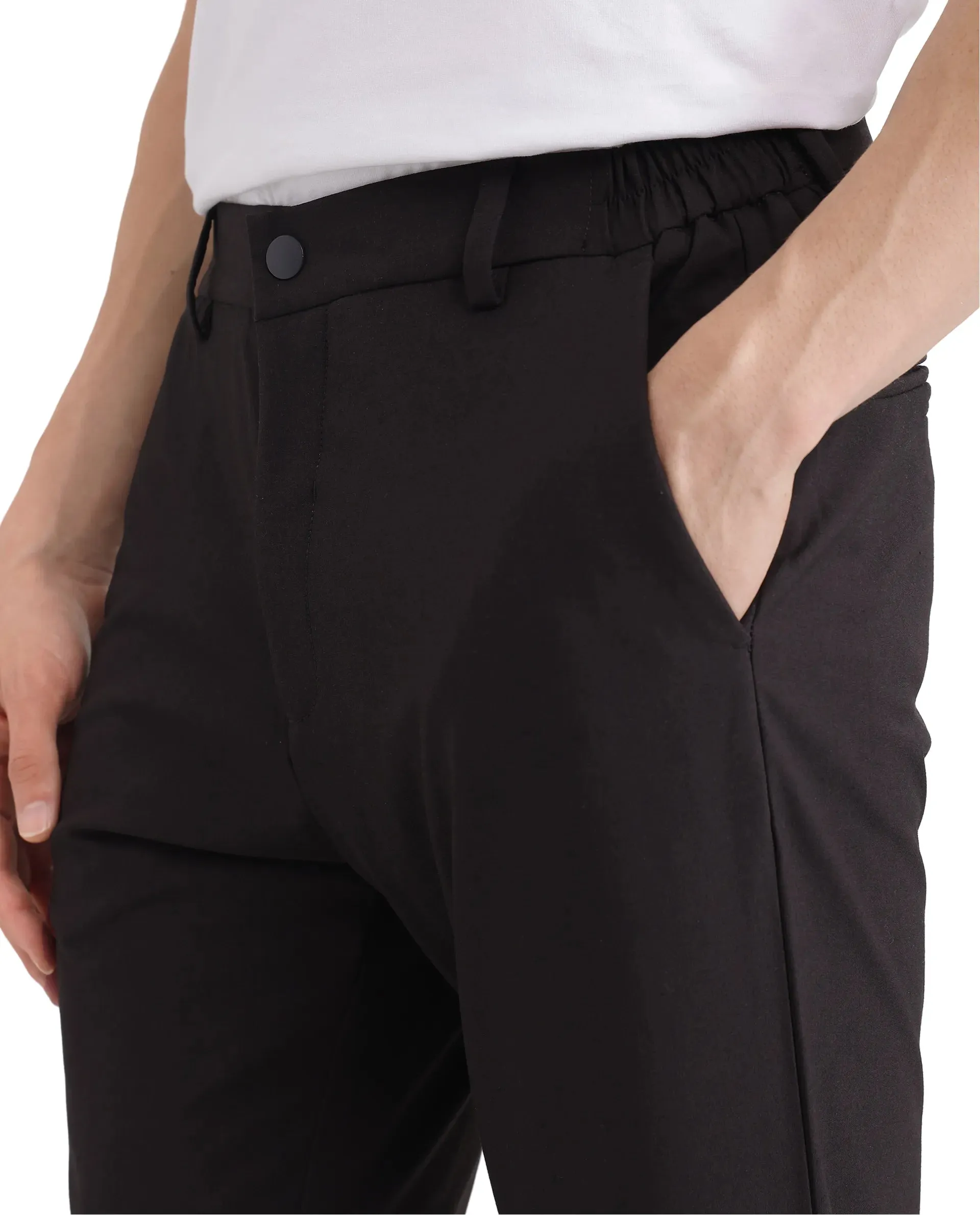 Rare Rabbit Men Travel-26 Dark Brown Cotton Elastane Fabric Button And Zip Closure Plain Trouser