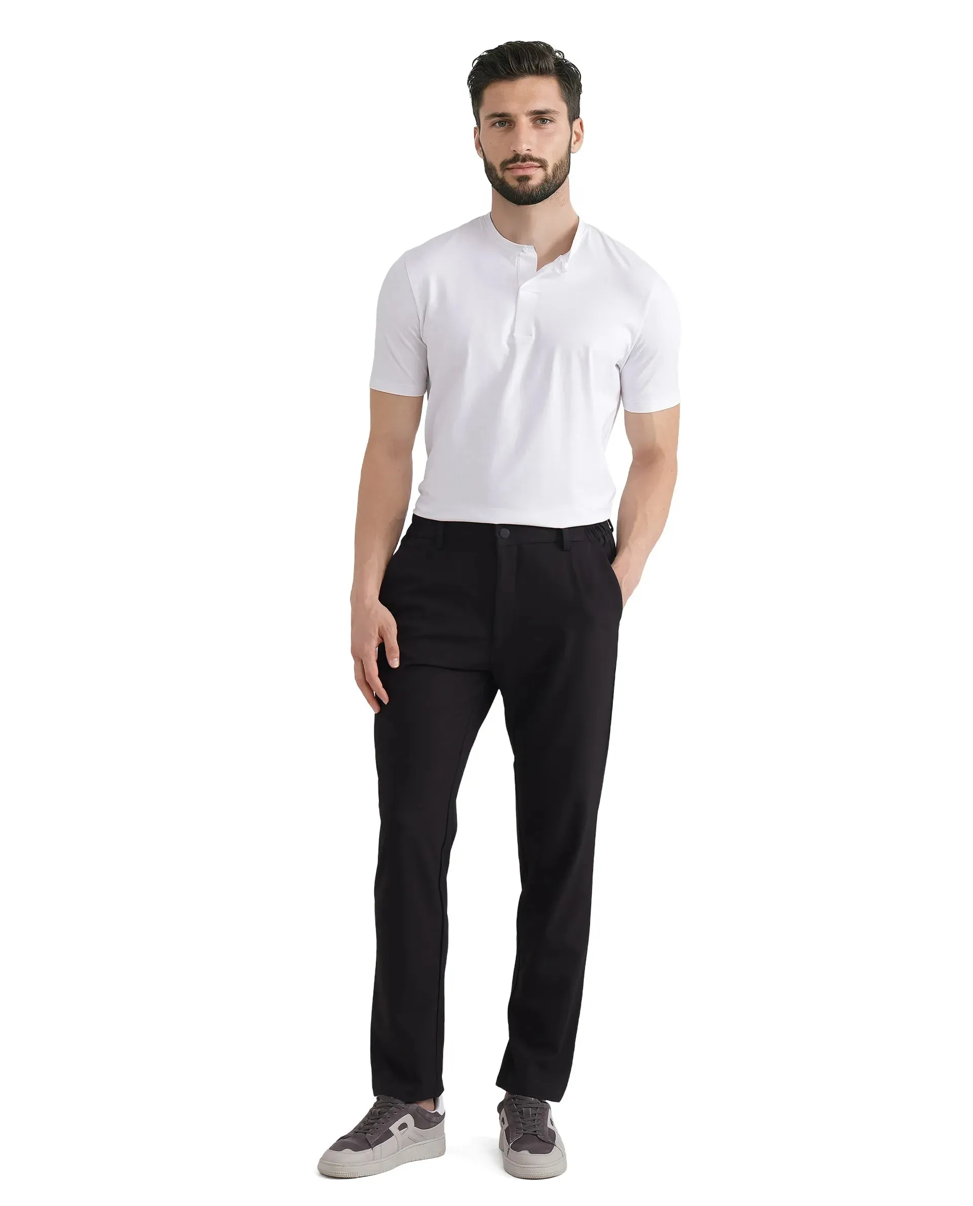 Rare Rabbit Men Travel-26 Dark Brown Cotton Elastane Fabric Button And Zip Closure Plain Trouser