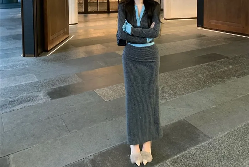 Set: Long-Sleeve Henley Plain Contrast Trim Ribbed Knit Top   High Rise Maxi Pencil Skirt