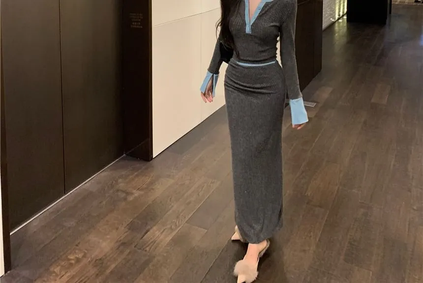 Set: Long-Sleeve Henley Plain Contrast Trim Ribbed Knit Top   High Rise Maxi Pencil Skirt