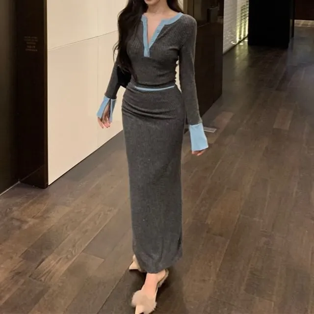 Set: Long-Sleeve Henley Plain Contrast Trim Ribbed Knit Top   High Rise Maxi Pencil Skirt