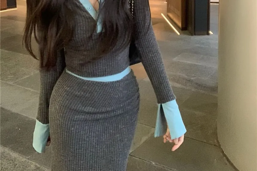 Set: Long-Sleeve Henley Plain Contrast Trim Ribbed Knit Top   High Rise Maxi Pencil Skirt
