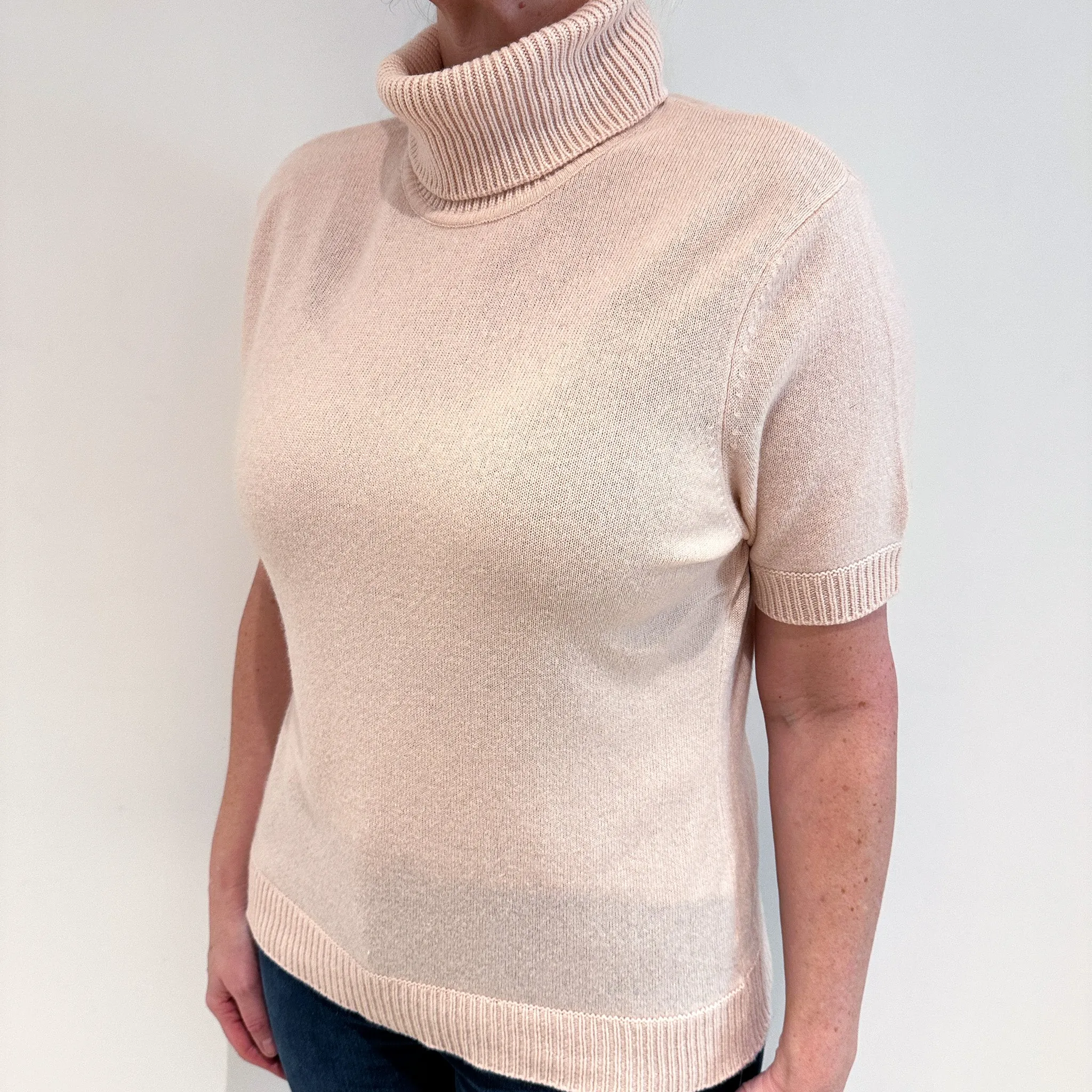 Shell Pink Short Sleeve Cashmere Polo Neck Jumper Large