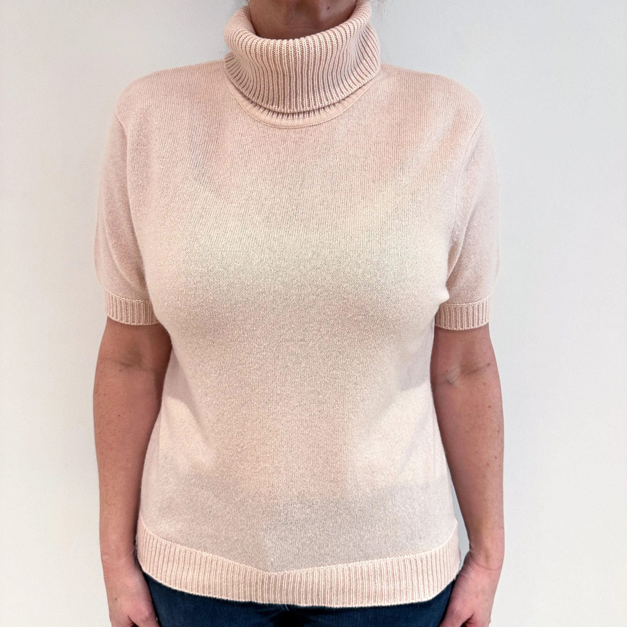 Shell Pink Short Sleeve Cashmere Polo Neck Jumper Large