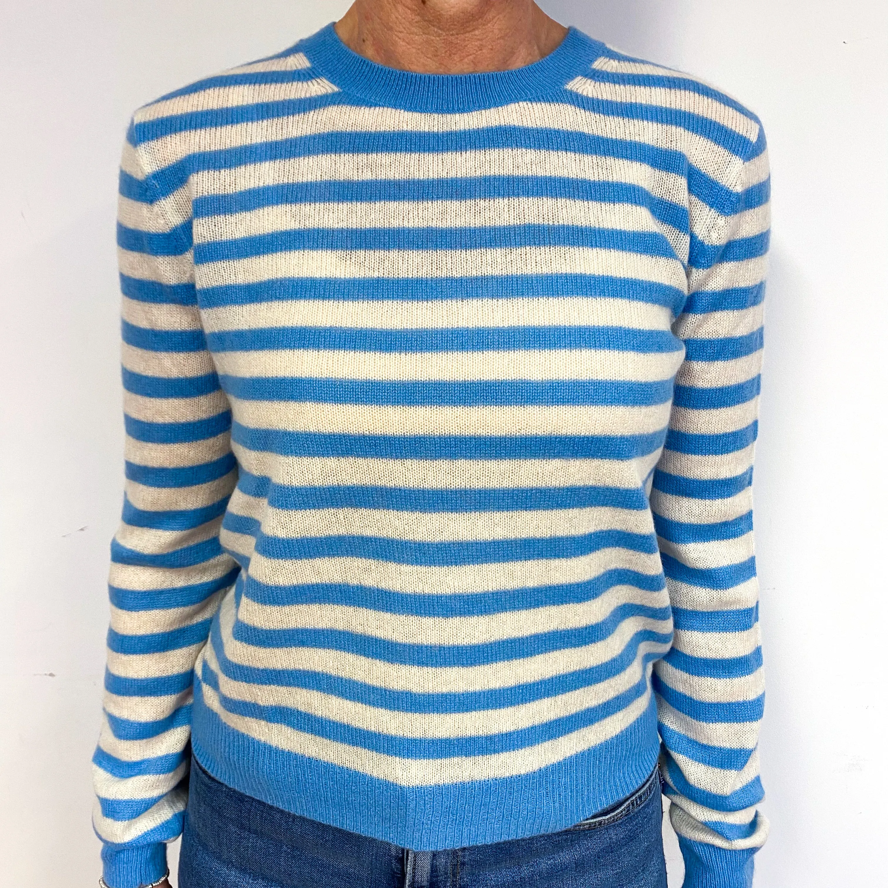 Sky Blue And Cream Cashmere Crew Neck Jumper Medium