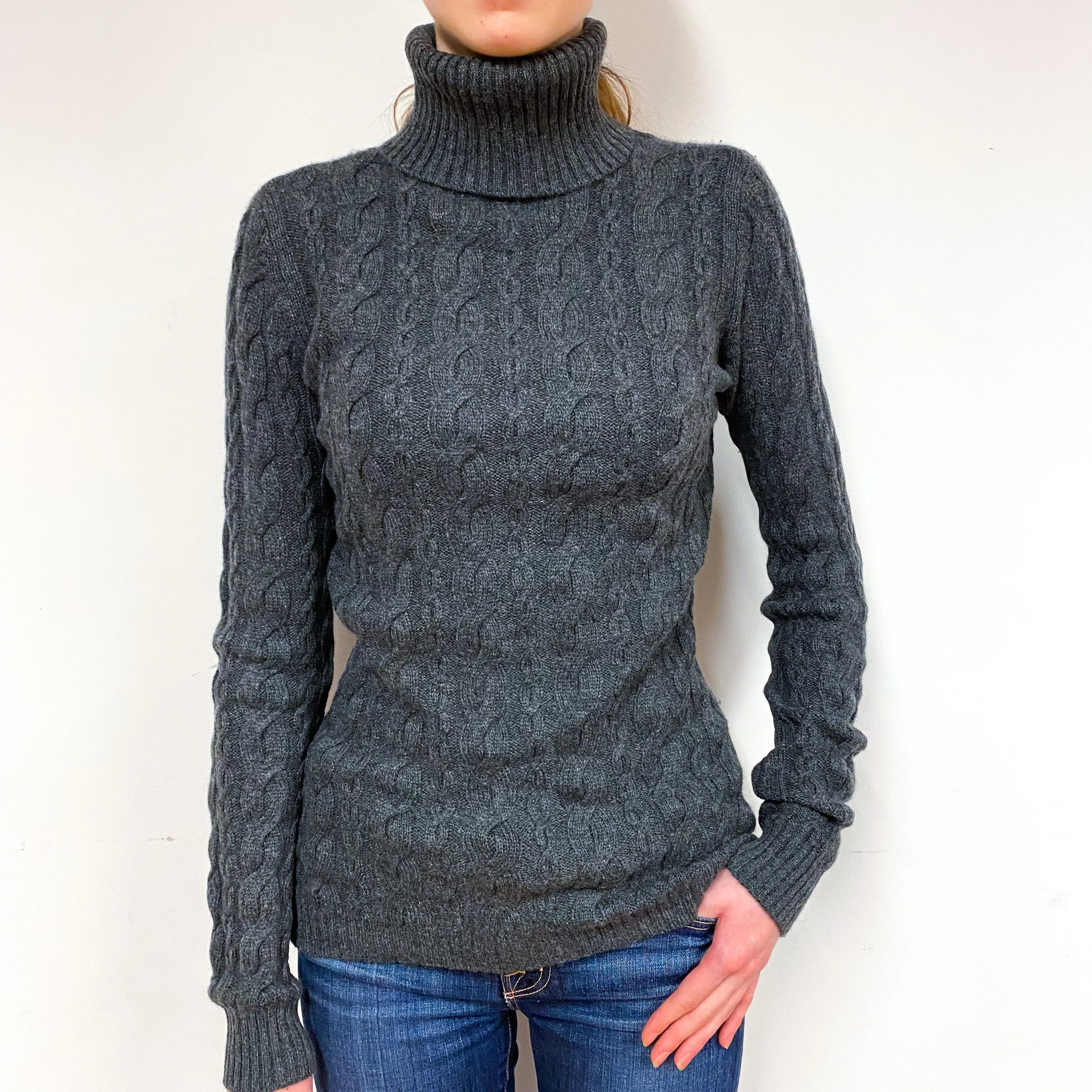 Slate Grey Cable Cashmere Polo Neck Jumper Extra Small