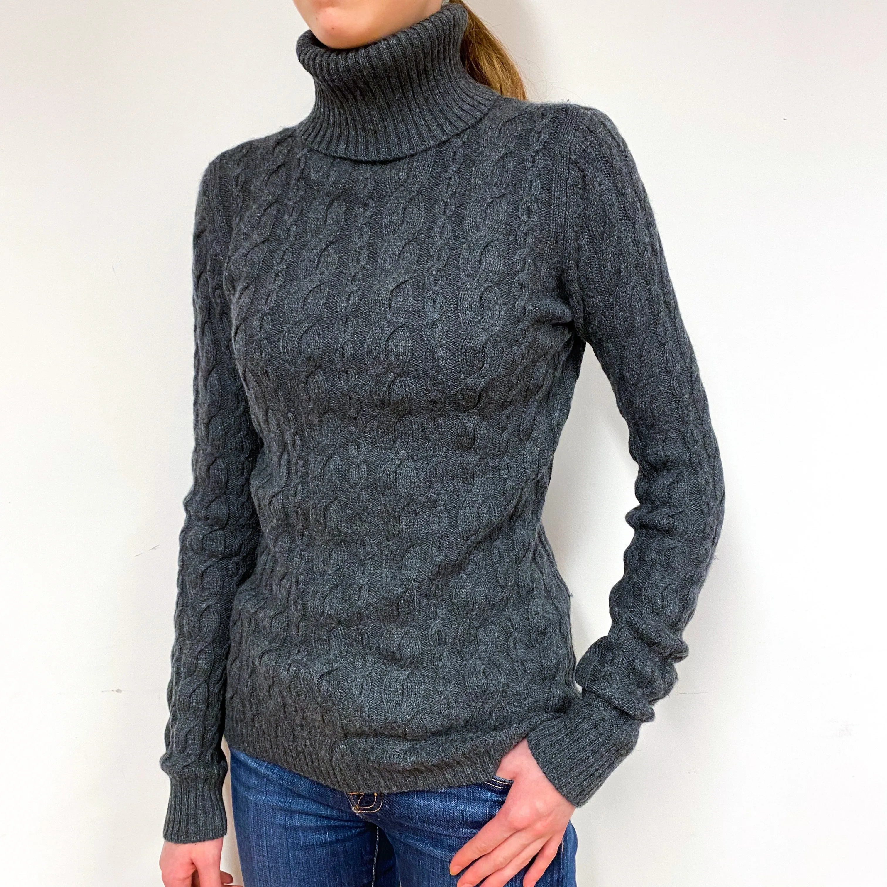 Slate Grey Cable Cashmere Polo Neck Jumper Extra Small